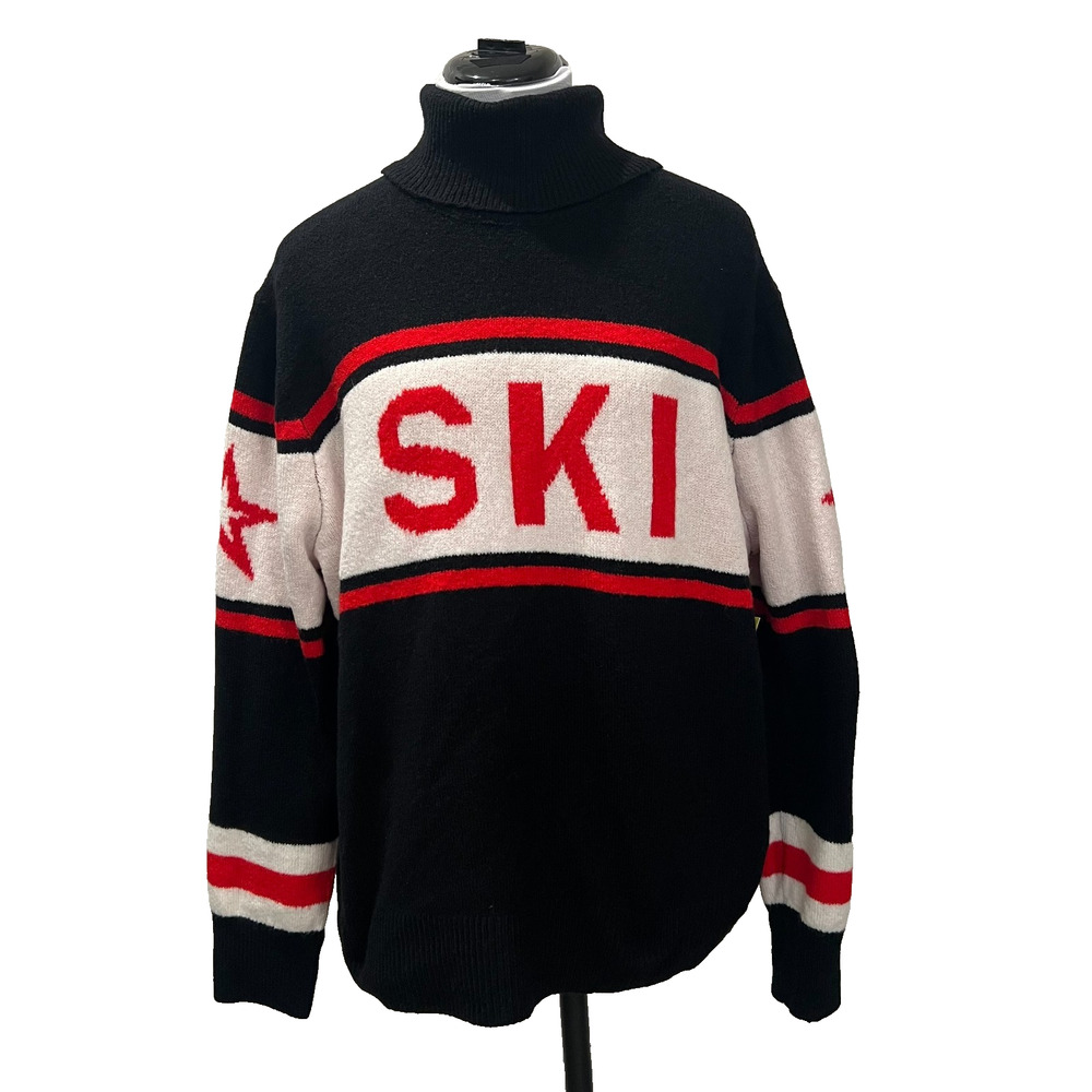 NWT CeCe Ski Turtleneck Sweater Black Red White Graphic Knit Apres Ski Women L